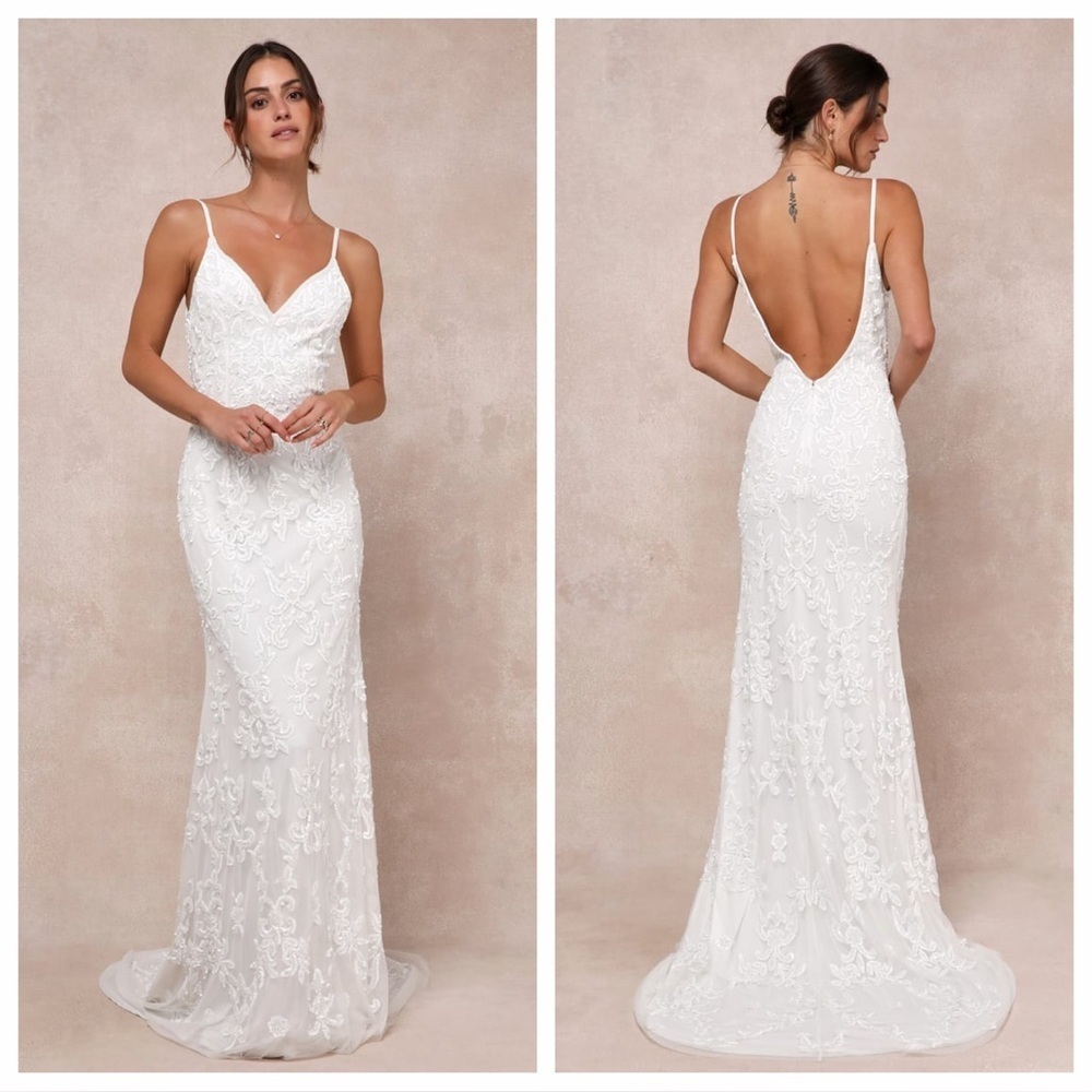 Lulu's White Lace Spaghetti-Strap Wedding Dress